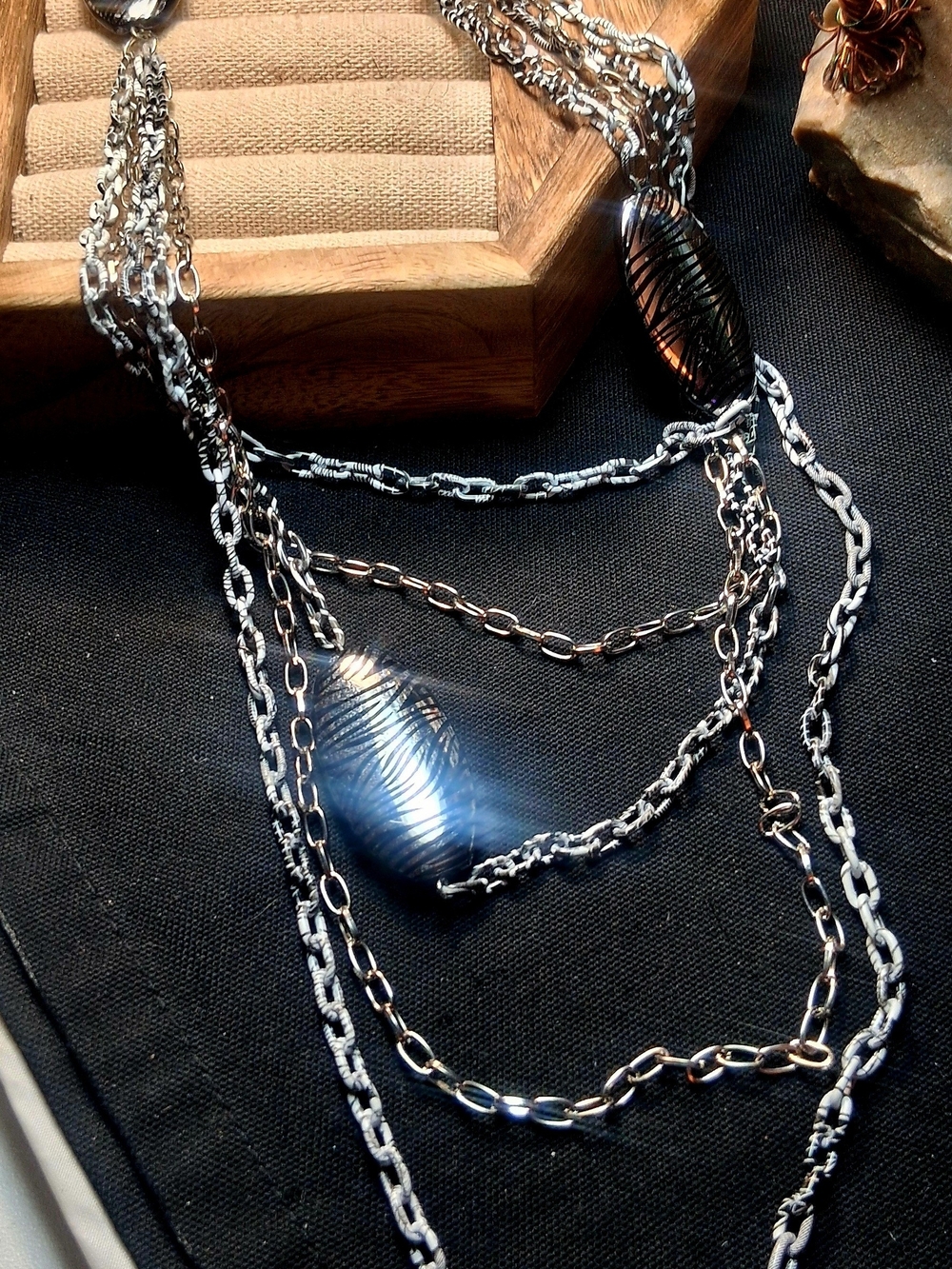 Multi-Strand Silver Chain Necklace with Blue Black Glass Beads 18"